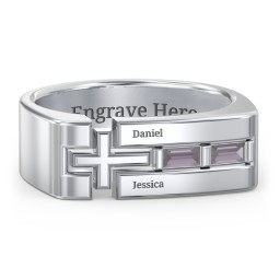 Men’s Squared Cross Ring with Baguette Gemstones in 925 Sterling Silver with Alexandrite