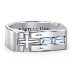 Men’s Squared Cross Ring with Baguette Gemstones in 925 Sterling Silver with Blue Topaz