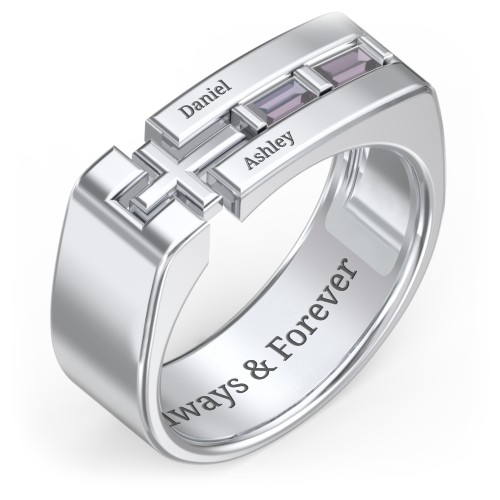 Men’s Squared Cross Ring with Baguette Gemstones – Sterling Silver with Alexandrite