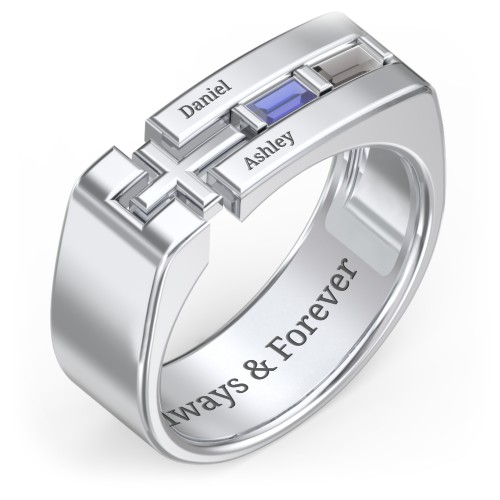 Men’s Squared Cross Ring with Baguette Gemstones – Sterling Silver with Blue Sapphire and Smokey Quartz