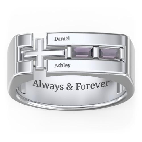 Men’s Squared Cross Ring with Baguette Gemstones – Sterling Silver with Alexandrite