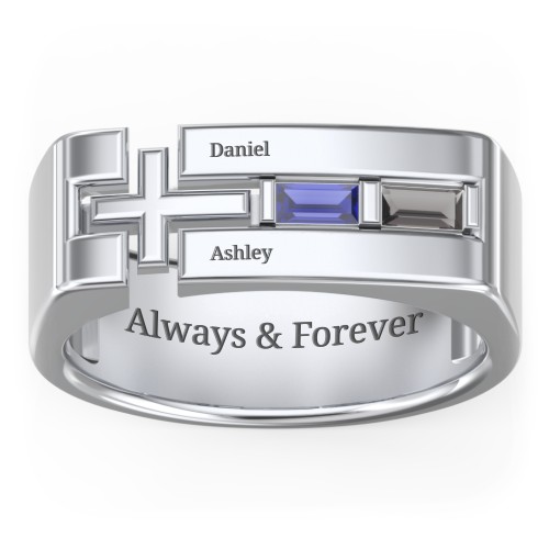 Men’s Squared Cross Ring with Baguette Gemstones – Sterling Silver with Blue Sapphire and Smokey Quartz