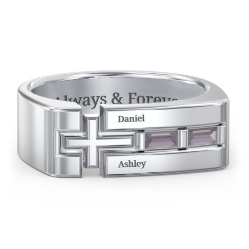 Men’s Squared Cross Ring with Baguette Gemstones – Sterling Silver with Alexandrite