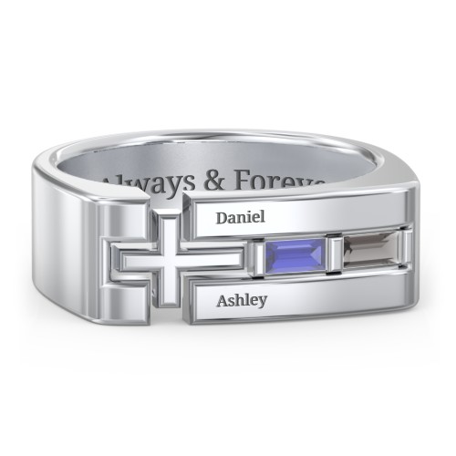 Men’s Squared Cross Ring with Baguette Gemstones – Sterling Silver with Blue Sapphire and Smokey Quartz