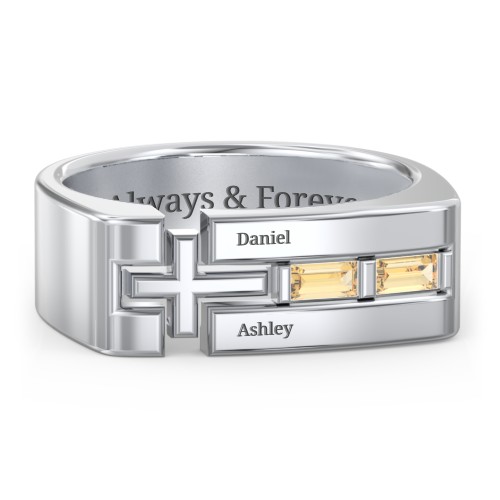 Men’s Squared Cross Ring with Baguette Gemstones – Sterling Silver with Citrine