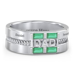 Men’s “Dad” Ring with Baguette Cut Gemstones in 925 Sterling Silver with Emerald