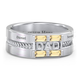 Men’s “Dad” Ring with Baguette Cut Gemstones in 925 Sterling Silver with Citrine