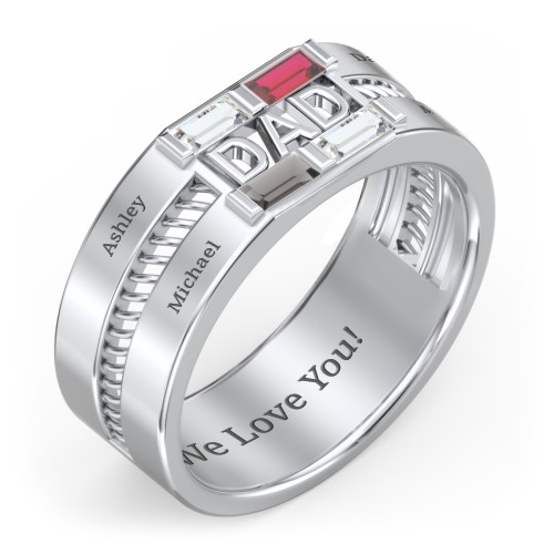 Men’s “Dad” Ring with Baguette Cut Gemstones – Sterling Silver with Cubic Zirconia, Garnet, and Smokey Quartz