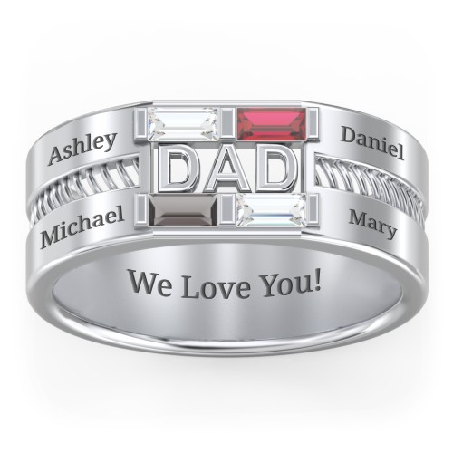 Men’s “Dad” Ring with Baguette Cut Gemstones – Sterling Silver with Cubic Zirconia, Garnet, and Smokey Quartz