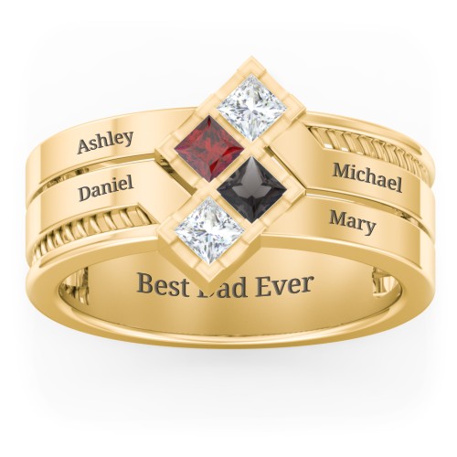 Men’s Family Ring with Princess Cut Stones – 10K Yellow Gold with Cubic Zirconia, Garnet, and Smokey Quartz