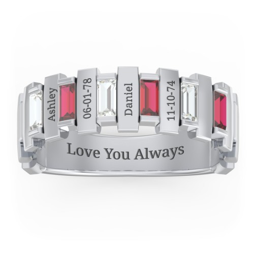 Men's 6-Stone Vertical Baguette Ring – Sterling Silver with Cubic Zirconia and Garnet