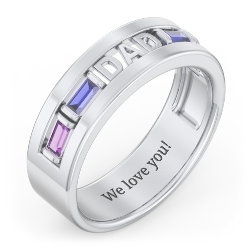 Men’s “Dad” Family Ring with Baguette Birthstones – Sterling Silver with Amethyst, Blue Sapphire, and Cubic Zirconia