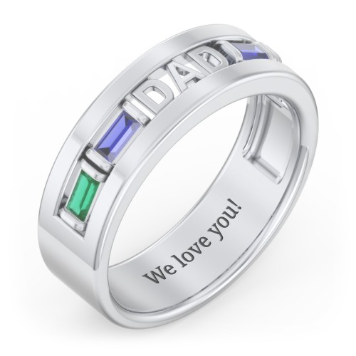 Men’s “Dad” Family Ring with Baguette Birthstones – Sterling Silver with Emerald, Blue Sapphire, and Cubic Zirconia