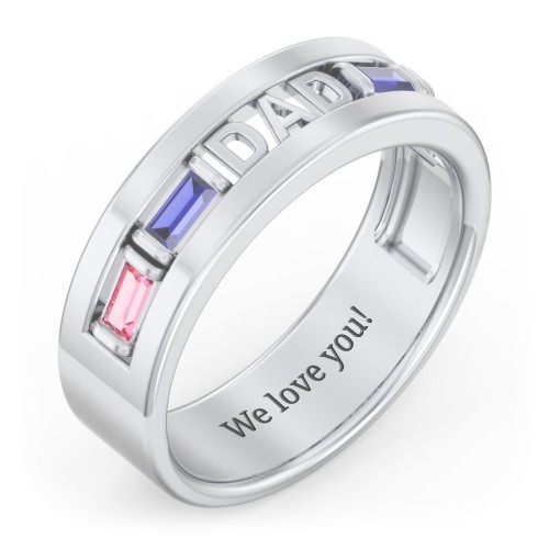 Men’s “Dad” Family Ring with Baguette Birthstones – Sterling Silver with Pink Tourmaline, Blue Sapphire, and Cubic Zirconia