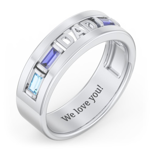 Men’s “Dad” Family Ring with Baguette Birthstones – Sterling Silver with Blue Topaz, Blue Sapphire, and Cubic Zirconia