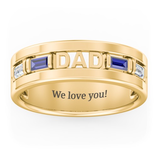 Men’s “Dad” Family Ring with Baguette Birthstones – 10K Yellow Gold with Diamond, Blue Sapphire, and Cubic Zirconia
