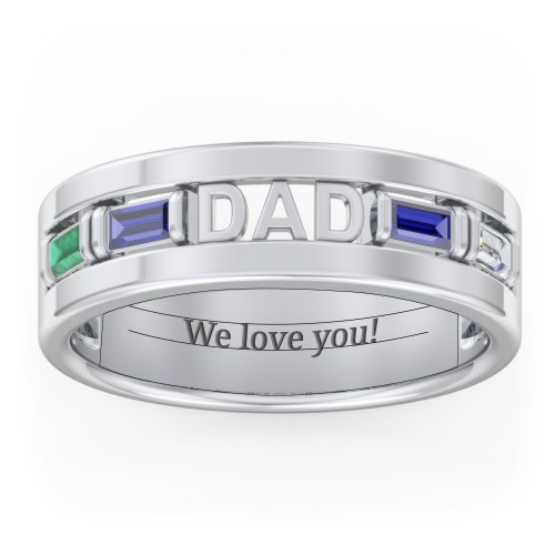 Men’s “Dad” Family Ring with Baguette Birthstones – Sterling Silver with Emerald, Blue Sapphire, and Cubic Zirconia