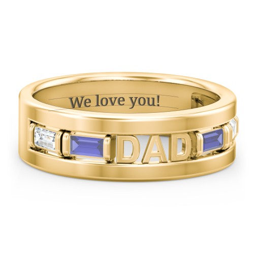 Men’s “Dad” Family Ring with Baguette Birthstones – 10K Yellow Gold with Diamond, Blue Sapphire, and Cubic Zirconia