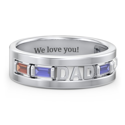 Men’s “Dad” Family Ring with Baguette Birthstones – Sterling Silver with Garnet, Blue Sapphire, and Cubic Zirconia