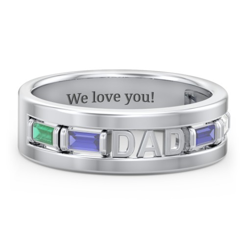 Men’s “Dad” Family Ring with Baguette Birthstones – Sterling Silver with Emerald, Blue Sapphire, and Cubic Zirconia