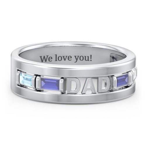 Men’s “Dad” Family Ring with Baguette Birthstones – Sterling Silver with Blue Topaz, Blue Sapphire, and Cubic Zirconia