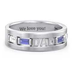 Men’s “Dad” Family Ring with Baguette Birthstones – Sterling Silver with Cubic Zirconia and Blue Sapphire