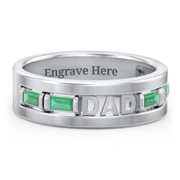 Men’s “Dad” Family Ring with Baguette Birthstones in 925 Sterling Silver with Emerald