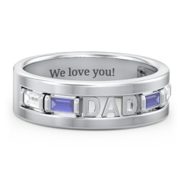 Men’s “Dad” Family Ring with Baguette Birthstones in 925 Sterling Silver with Cubic Zirconia and Blue Sapphire