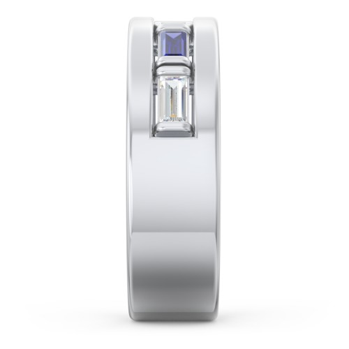 Men’s “Dad” Family Ring with Baguette Birthstones – Sterling Silver with Cubic Zirconia and Blue Sapphire