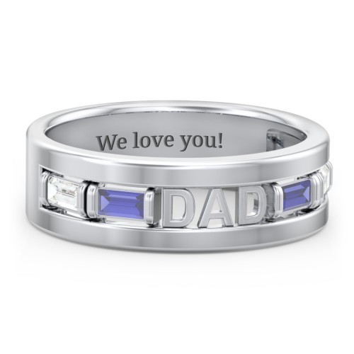 Men’s “Dad” Family Ring with Baguette Birthstones – Sterling Silver with Cubic Zirconia and Blue Sapphire