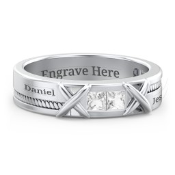 Men's 2-Stone Family Ring with “X” Stitch Detail