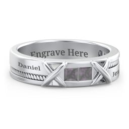 Men's 2-Stone Family Ring with “X” Stitch Detail