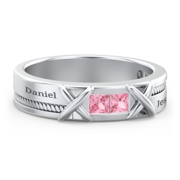 Men's 2-Stone Family Ring with “X” Stitch Detail in 925 Sterling Silver with Pink Tourmaline