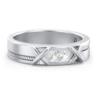 Men's 2-Stone Family Ring with “X” Stitch Detail