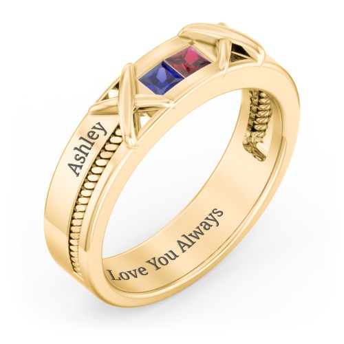 Men's 2-Stone Family Ring with “X” Stitch Detail