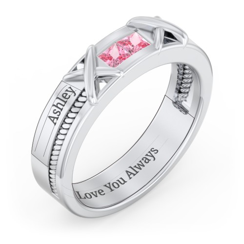Men's 2-Stone Family Ring with “X” Stitch Detail – Sterling Silver with Pink Tourmaline