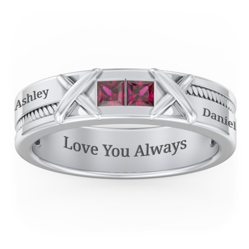 Men's 2-Stone Family Ring with “X” Stitch Detail