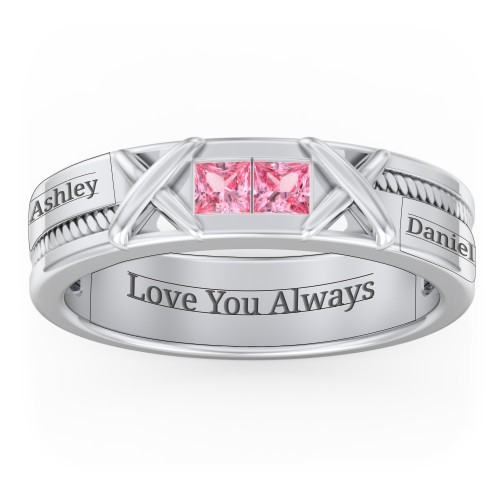 Men's 2-Stone Family Ring with “X” Stitch Detail – Sterling Silver with Pink Tourmaline
