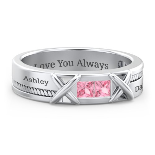Men's 2-Stone Family Ring with “X” Stitch Detail – Sterling Silver with Pink Tourmaline
