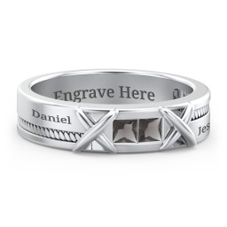 Men's 2-Stone Family Ring with “X” Stitch Detail in 925 Sterling Silver with Smokey Quartz