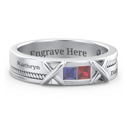 Men's 2-Stone Family Ring with “X” Stitch Detail in 925 Sterling Silver with Blue Sapphire and Garnet