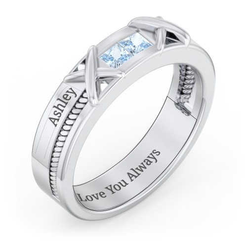 Men's 2-Stone Family Ring with “X” Stitch Detail – Sterling Silver with Aquamarine