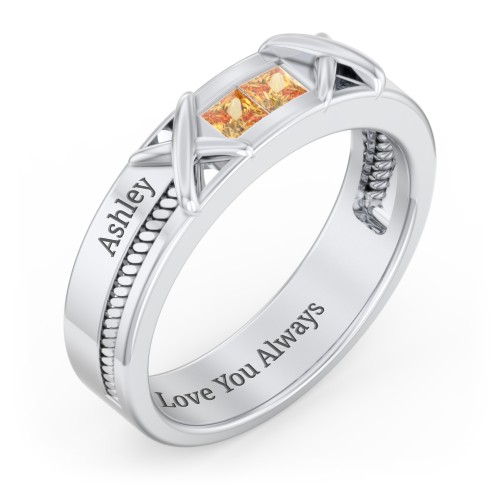 Men's 2-Stone Family Ring with “X” Stitch Detail – Sterling Silver with Citrine