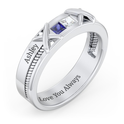 Men's 2-Stone Family Ring with “X” Stitch Detail – Sterling Silver with Fancy Blue Premium Zirconia and Cubic Zirconia