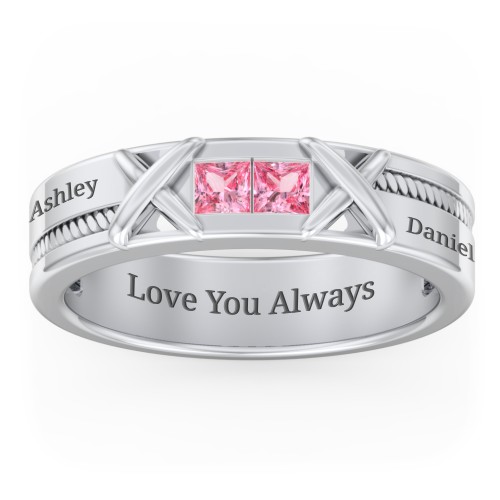 Men's 2-Stone Family Ring with “X” Stitch Detail – Sterling Silver with Pink Tourmaline