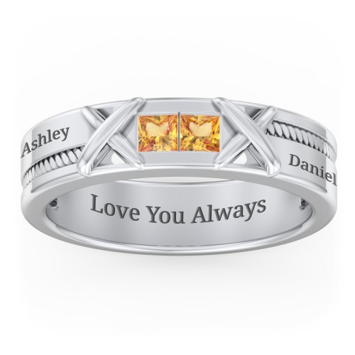 Men's 2-Stone Family Ring with “X” Stitch Detail – Sterling Silver with Citrine