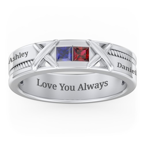 Men's 2-Stone Family Ring with “X” Stitch Detail – Sterling Silver with Blue Sapphire and Garnet