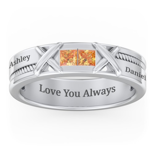 Men's 2-Stone Family Ring with “X” Stitch Detail – Sterling Silver with Citrine
