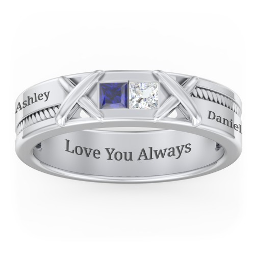 Men's 2-Stone Family Ring with “X” Stitch Detail – Sterling Silver with Fancy Blue Premium Zirconia and Cubic Zirconia
