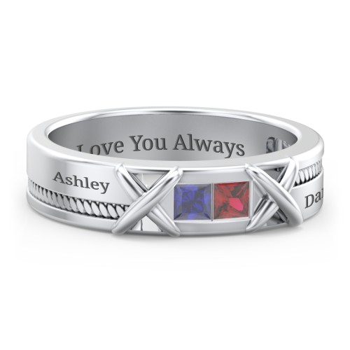 Men's 2-Stone Family Ring with “X” Stitch Detail – Sterling Silver with Blue Sapphire and Garnet
